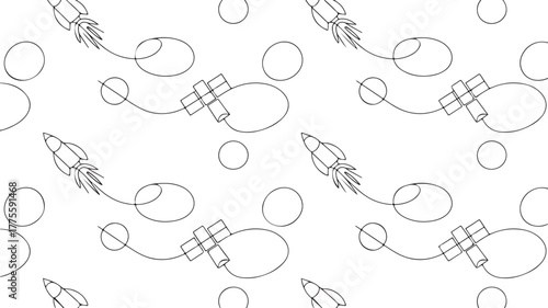  Rocket Continuous Line Art – Space Pattern with Planets and Satellites