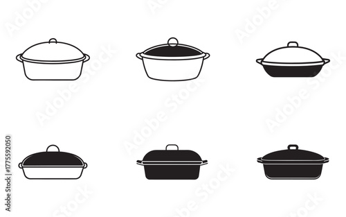Collection of Covered Cooking Pots Kitchenware Silhouette Illustrations for Culinary Design Projects and Food Blogs