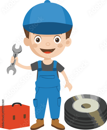 funny cartoon mechanic with wrench