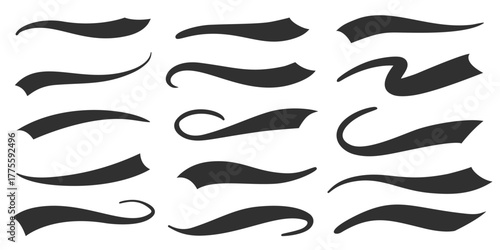 Swoosh vector tails for baseball logo. Swash font lines for sport design. Calligraphic vintage decoration. Retro brush strokes. Curve ribbons and flourishes.