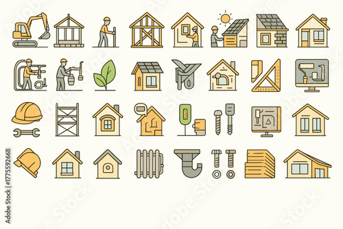 House Construction and Renovation Icons – Building Process and Eco Architecture