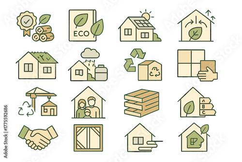 Eco Home Construction Icons – Sustainable Materials and Green Building Design
