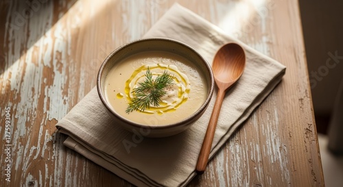 Delicious Creamy Soup Served in a Bowl with Herbs, Spoon on Rustic Wooden Table