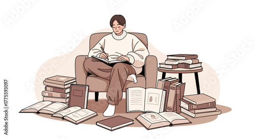 A Person Meditatively Reading And Writing Amidst A Literary Collection