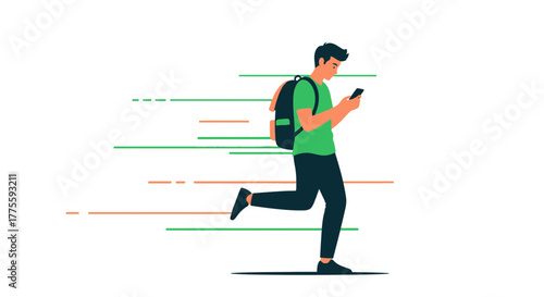 A Person Using Smartphone While Running With Backpack Illustration Design For Tech Mobility