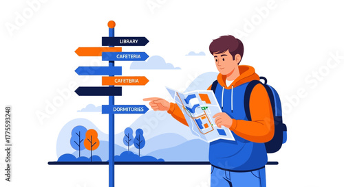 A Student Navigating Campus, Using a Map to Find the Library, Dorms, and Cafeteria