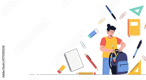 A Student Preparing For School With Stationery Supplies And Backpack Illustration