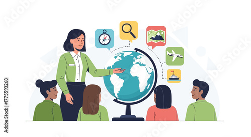 A Teacher Giving A Geography Lesson Illustrating Global Travels And Planning For Adventure