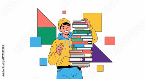 A Young Enthusiastic Student Holding a Tower of Books with Colorful Geometric Shapes