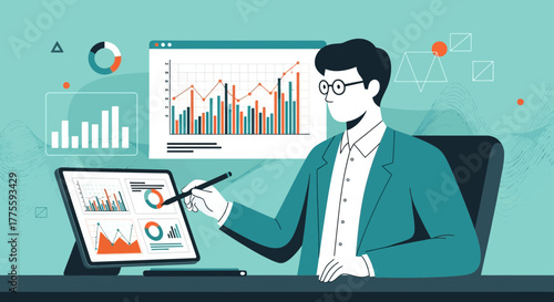 Analyst Interpreting Data Visualization on Multiple Screens for Strategic Business Decisions