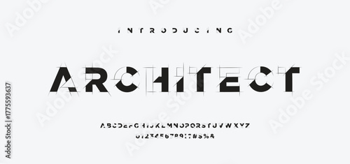 Architect Blueprint Display Font . Technical Drafting Style Alphabet. Geometrical typography. Wireframe letters, typographic design with draft strokes for architecture logo and headline. Isolated	
