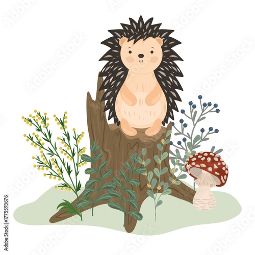 Hedgehog sitting on a tree stump forest scene illustration, mushroom and berries. Hand drawn forest animal illustration