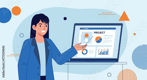 Businesswoman Presenting Project Data on Laptop Screen With Financial Statistics
