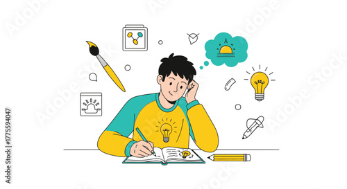 Creative Process Depicted: A Young Artist Sketching And Conceptualizing New Ideas