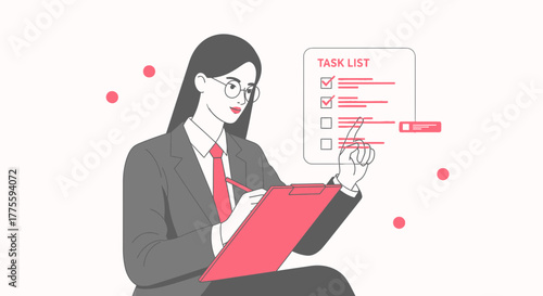 Businesswoman Reviewing Task List and Taking Notes for Planning and Organization Purposes