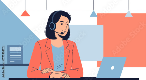Customer Service Representative Working With A Headset in Contemporary Minimalist Illustration