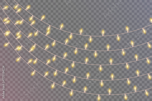 Warm Yellow Lights Garland Top Frame, Gold Christmas Light Garland Border Overlay​, Yellow Fairy Light Border Transparent PNG