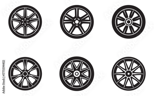 Collection of Modern Car Wheel Designs in Black and White Graphics Illustration Set for Transportation and Automotive Industry Concepts