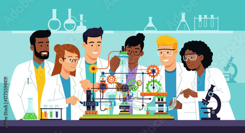 Diverse Team Of Scientists Working Collaboratively In Laboratory Examining Equipment