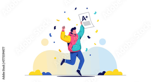 Excited Student Celebrating Good Grades on a Exam Showing an A Plus Letter Grade