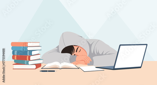 Exhausted Student Overwhelmed by Studying, Laptop and Books in Vector Style