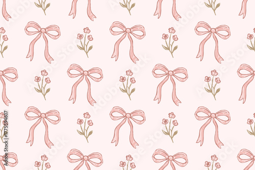 Seamless pink bow and flower pattern on pastel background, cute romantic floral ribbon design, soft girly wallpaper and fabric texture for wrapping paper or decoration.