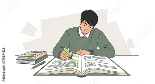 Focused Young Man Highlighted Information From a Book Reviewing Education and Assignments