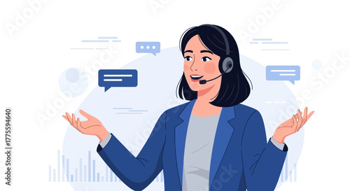 Friendly Customer Service Representative Using Headset Smiling and Gesturing To Communicate