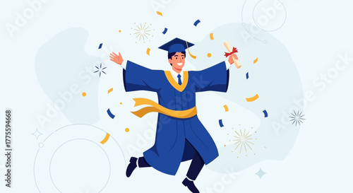 Graduation Celebration Illustrates Joyful Accomplishment With Certificate And Celebratory Confetti
