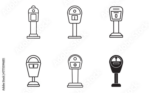 Collection of Parking Meter Illustrations in Black and White Minimalist Style Representing City Urban Planning and Transportation Concepts
