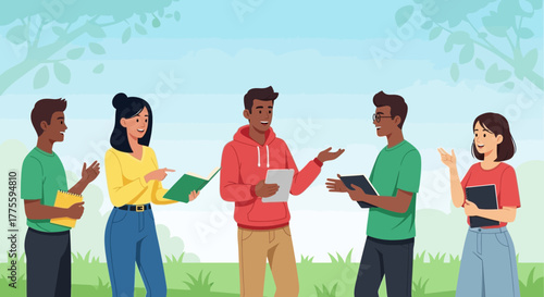 Group Of People Interacting Outdoors. Discussing Project, Casual Meeting, Community Gathering