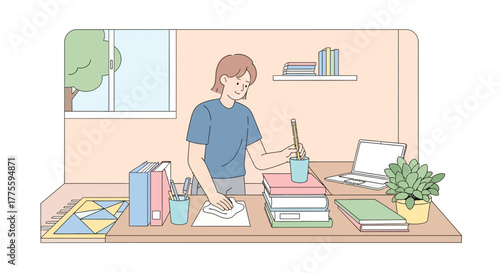 Illustration Of A Person Cleaning Their Desk And Organizing Office Supplies