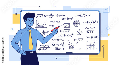 Illustration Of Mathematics Teacher Presenting Equations On Whiteboard In A Classroom