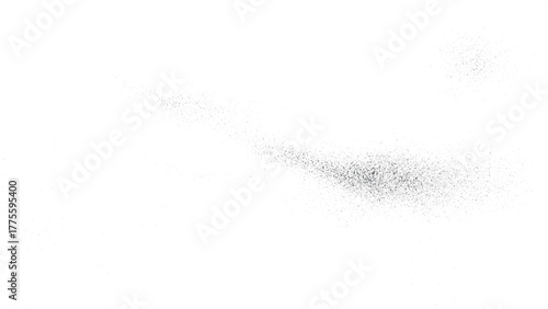 Grunge black splatter and powder burst on clean white background. Abstract drape grain texture with water and dust splash overlay. 