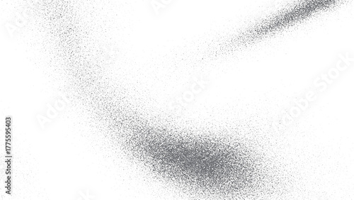 Grunge black splatter and powder burst on clean white background. Abstract drape grain texture with water and dust splash overlay. 