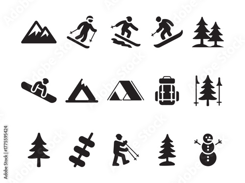 Winter Sport Icon Set: A collection of meticulously crafted, minimalist icons capturing the essence of various winter sports activities, from skiing and snowboarding to camping and snowman building.