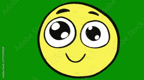 Cute Hand-Drawn Happy Emote Animation on Green Screen, Large Eyes Smiling Yellow Face Sticker for Social Media