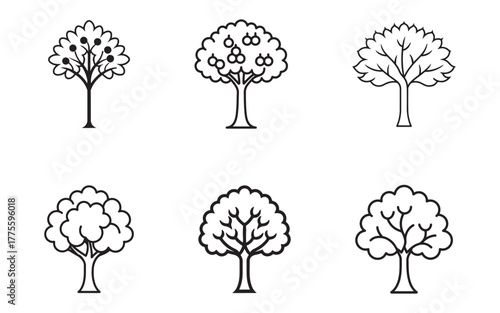 Collection of six different tree illustrations with unique foliage patterns showcasing botanical diversity and arboreal representations