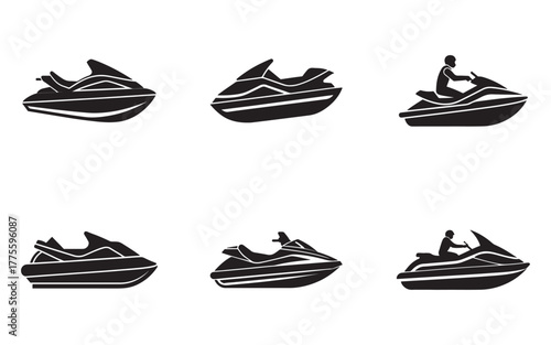 Collection of Six Different Jet Ski Silhouettes for Water Sports and Recreation Activities on White Background Vector Illustration