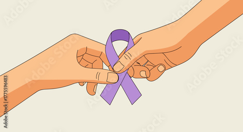 A flat modern cartoon illustration of hands holding purple ribbon