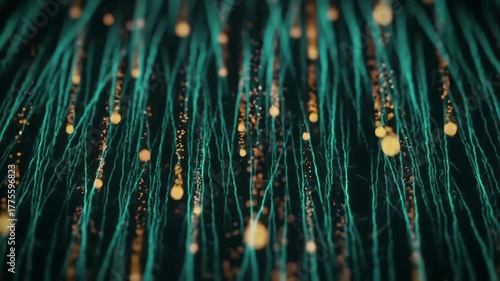 Abstract green lines with glowing particles, artistic digital animation.