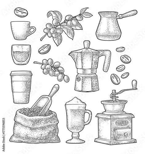 Set coffee. Beans, wooden scoop, sack, moka pot, turkish copper, hand-held grinder, branch with leaf and berry, glass latte with whipped cream. Vintage color vector engraving isolated on white