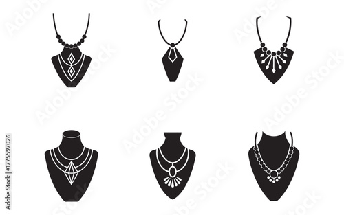 Collection of stylish necklace designs displayed on black mannequins showcasing various modern and traditional jewelry styles and intricate pendant details for fashion inspiration