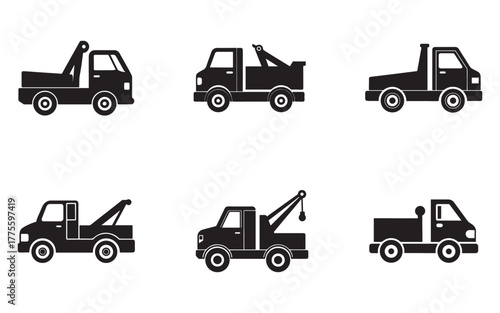Collection of Tow Truck Icons on White Background in Black Silhouette Style for Transportation and Recovery Services