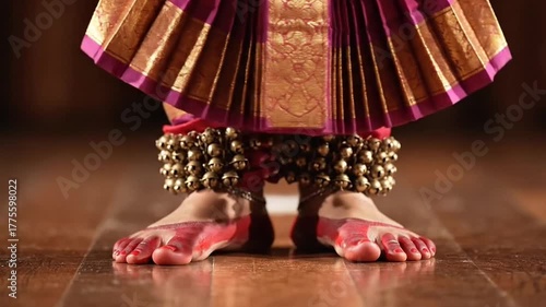 Close Up of Bare Feet Painted Red With Ankle Bells on Wooden Floor During Classical Indian Dance
