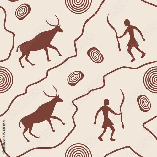 Seamless pattern with Egyptian symbols and cave drawings