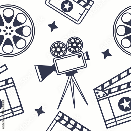 Seamless retro pattern featuring vintage movie cameras, film reels, and film strips arranged diagonally on a white background. Ideal for cinema-themed designs, evoking classic filmmaking aesthetics.