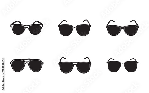 Collection of Various Sunglasses Silhouettes on White Background Stylish Summer Fashion and Eye Protection Accessories for Sunny Days and Vacation Adventures