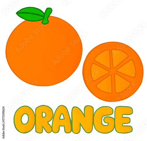 Bright orange fruit with leaf and slice in cute cartoon style. Perfect for kids' learning, food design, and fruit illustration sets.