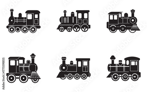 Collection of Vintage Train Silhouettes Vector Graphics Perfect for Creative Projects Transportation and Nostalgia